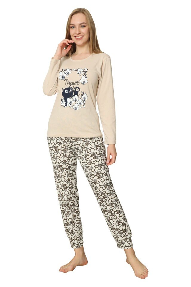 Pijamale dama Serena, maneca lunga, pantaloni lungi, bej, imprimeu dreams, Bej