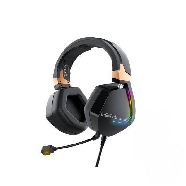 Casti de gaming, BlitzWolf, BW-GH2, Negru/Auriu, Iluminare RGB, Microfon incorporat, Interfata USB, ENC, 7.1, Diametru difuzor 53 mm