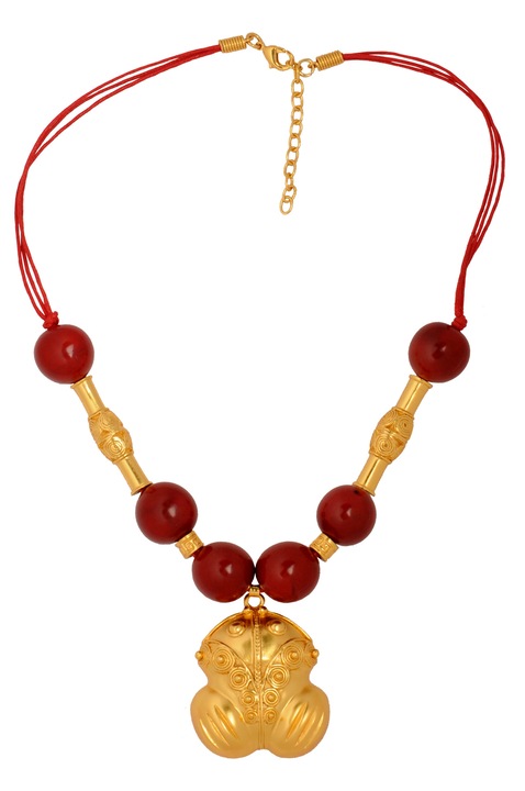 Colier seminte palmier, rosii, cu broasca decorata, cultura Tairona, placat cu aur 24 K, 45-50 cm