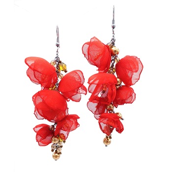 Cercei lungi statement, Zia Fashion, Sara, flori din voal, perle Mallorca si inox, handmade Cercei lungi statement, Zia Fashion, Sara, flori din voal, perle Mallorca si inox, handmade