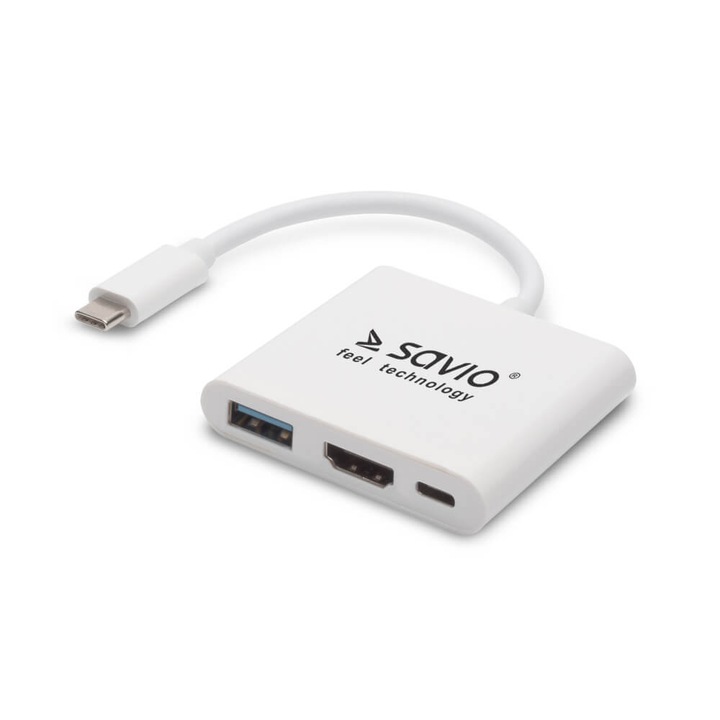 Hub Savio AK-48 Multiport, USB Type-C 1x HDMI, 1x USB 3.0, 1x Порт за захранване, Бял