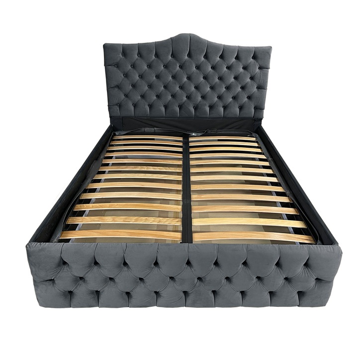 Тапицирано легло с ламели Damo, Tudor, Кадифе антрацитно сиво 21, 180x200 см, В 130 см
