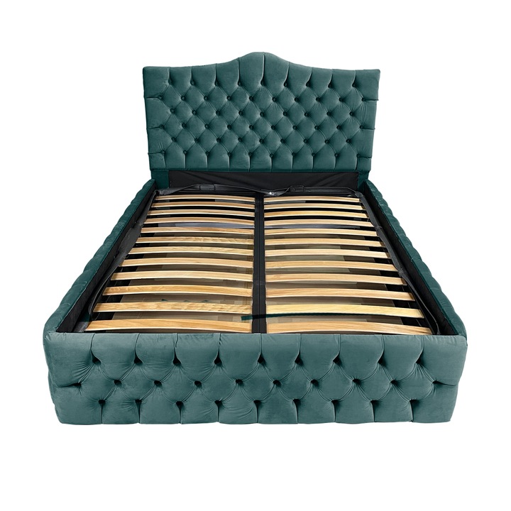Kárpitozott ágy Damo rácsos ágyráccsal, Tudor, Prémium bársonyzöld 12, 140x200 cm, Ma 110 cm