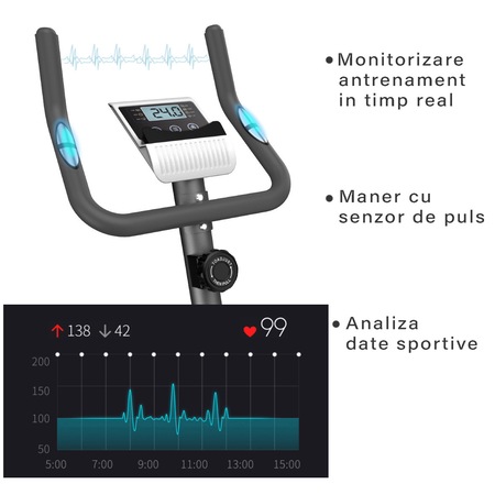 Bicicleta fitness magnetica, GO4FIT, model GF100, greutate maxima utilizator 130 kg, 5 functii, timp, viteza, distanta, calorii, puls, volanta 2.5 kg