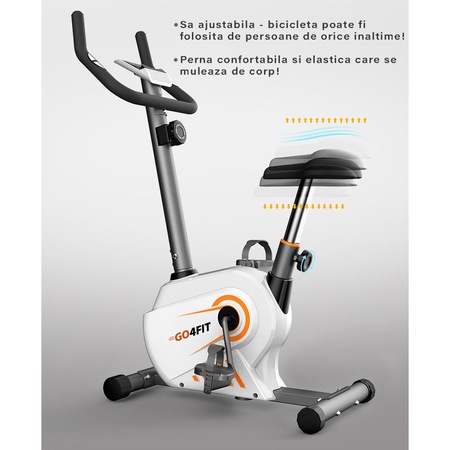 Bicicleta fitness magnetica, GO4FIT, model GF100, greutate maxima utilizator 130 kg, 5 functii, timp, viteza, distanta, calorii, puls, volanta 2.5 kg
