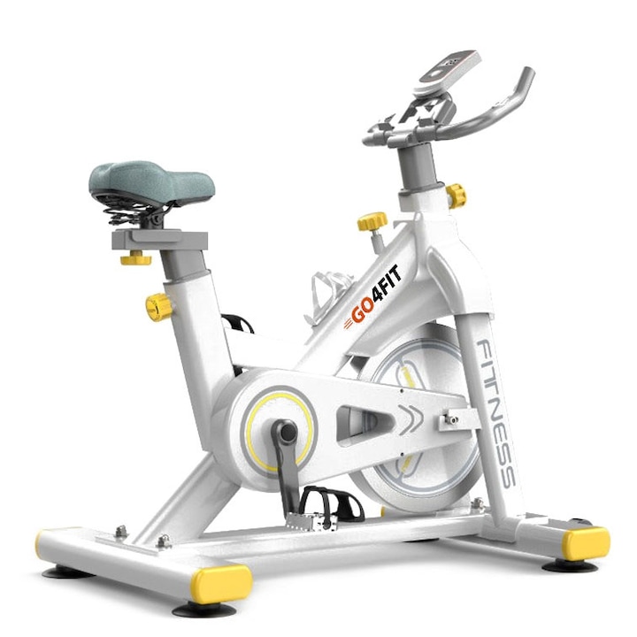 Bicicleta spinning magnetica pentru fitness, GO4FIT, model GF200, volanta 10kg, greutate maxima utilizator 150 kg