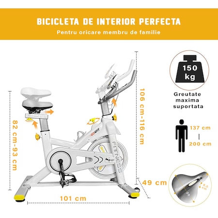 Bicicleta spinning magnetica pentru fitness, GO4FIT, model GF200, volanta 10kg, greutate maxima utilizator 150 kg