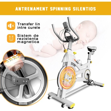 Bicicleta spinning magnetica pentru fitness, GO4FIT, model GF200, volanta 10kg, greutate maxima utilizator 150 kg