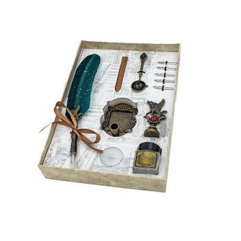 Set Cadou, Stilou Vintage cu Pana de Gasca, Ceara pentru Sigiliu, Stampila, Lingurita, 5 Penite si Suport, Turcoaz Set Cadou, Stilou Vintage cu Pana de Gasca, Ceara pentru Sigiliu, Stampila, Lingurita, 5 Penite si Suport, Turcoaz