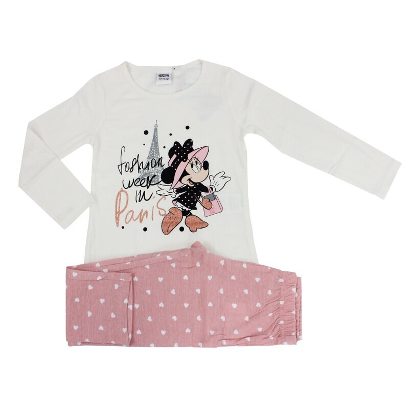 Pijama maneca lunga, bumbac, cu imprimeu, Minnie, Paris, ivory