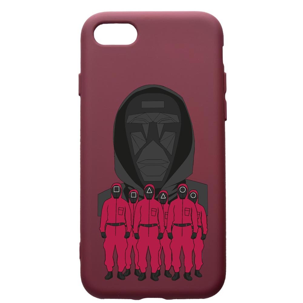 Husa Premium Silicon compatibila cu Apple iPhone SE 2 / iPhone 8 / iPhone 7, Squid Game - Front Man And Soldier, cu interiorul din material textil, protectie camera, Burgundy, PBR841