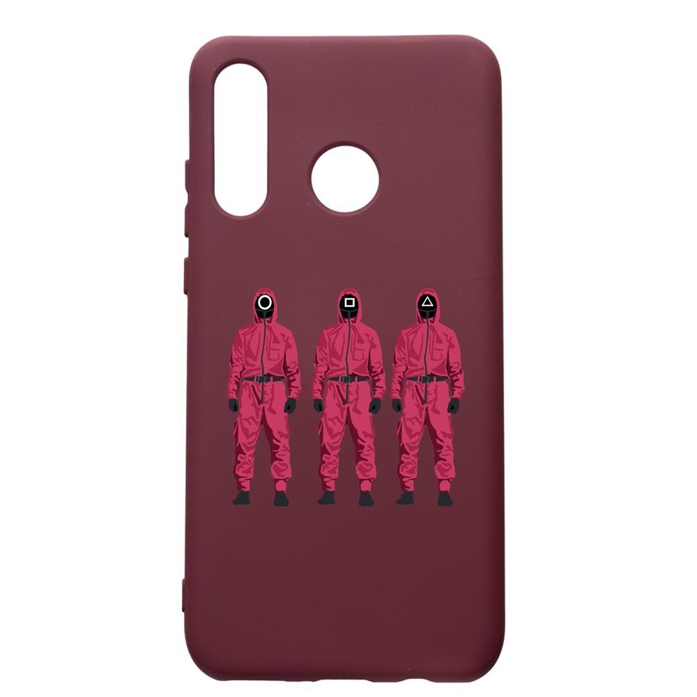 Husa Premium Silicon compatibila cu Huawei P30 Lite, Squid Game Soldier Mask, cu interiorul din material textil, protectie camera, Burgundy, PBR845