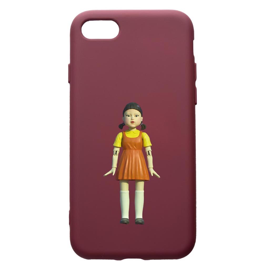 Husa Premium Silicon compatibila cu Apple iPhone SE 2 / iPhone 8 / iPhone 7, Squid Game Doll Girl, cu interiorul din material textil, protectie camera, Burgundy, PBR851