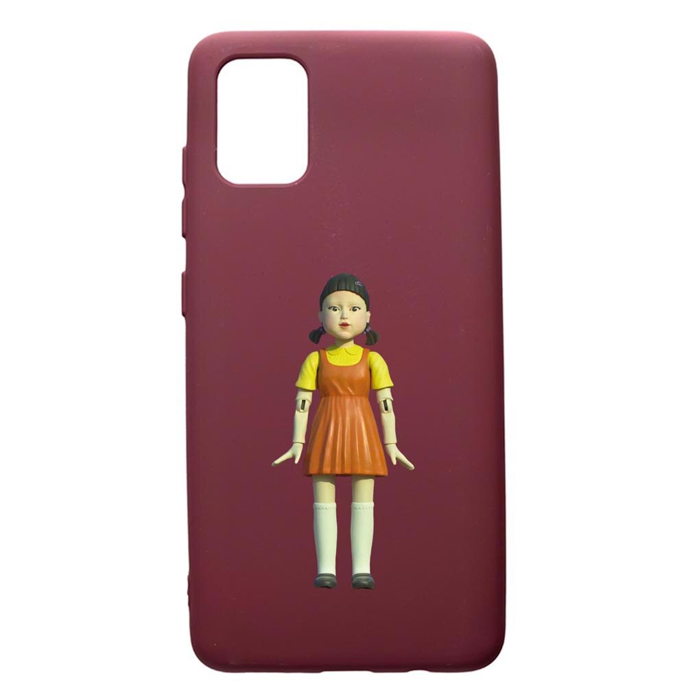 Husa Premium Silicon compatibila cu Apple iPhone 12 Pro Max, Squid Game Doll Girl, cu interiorul din material textil, protectie camera, Burgundy, PBR851