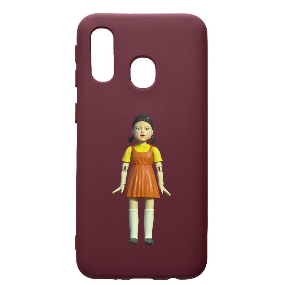 Husa Premium Silicon compatibila cu Samsung Galaxy A20E, Squid Game Doll Girl, cu interiorul din material textil, protectie camera, Burgundy, PBR851