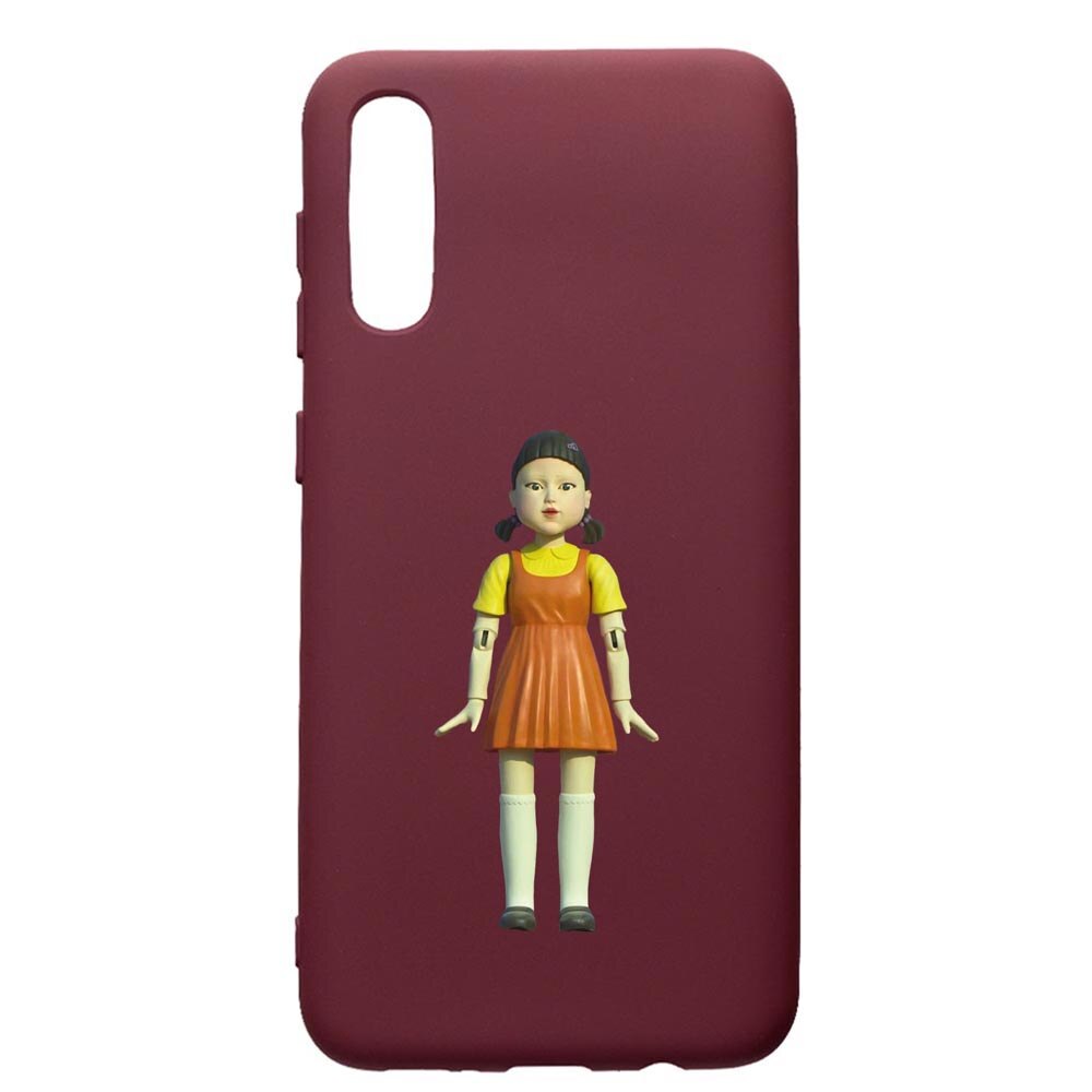 Husa Premium Silicon compatibila cu Samsung Galaxy A50, Squid Game Doll Girl, cu interiorul din material textil, protectie camera, Burgundy, PBR851
