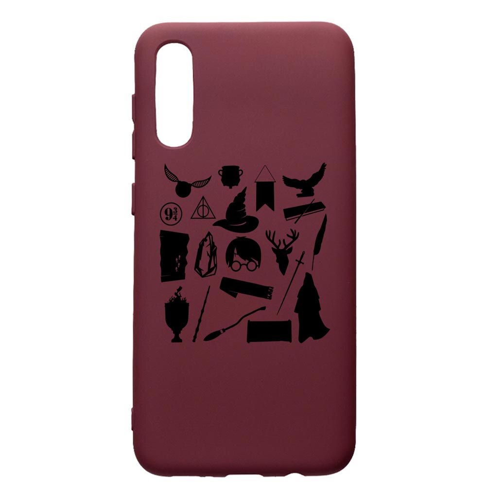 Husa Premium Silicon compatibila cu Samsung Galaxy A50, Harry Potter Symbols, cu interiorul din material textil, protectie camera, Burgundy, PBR866