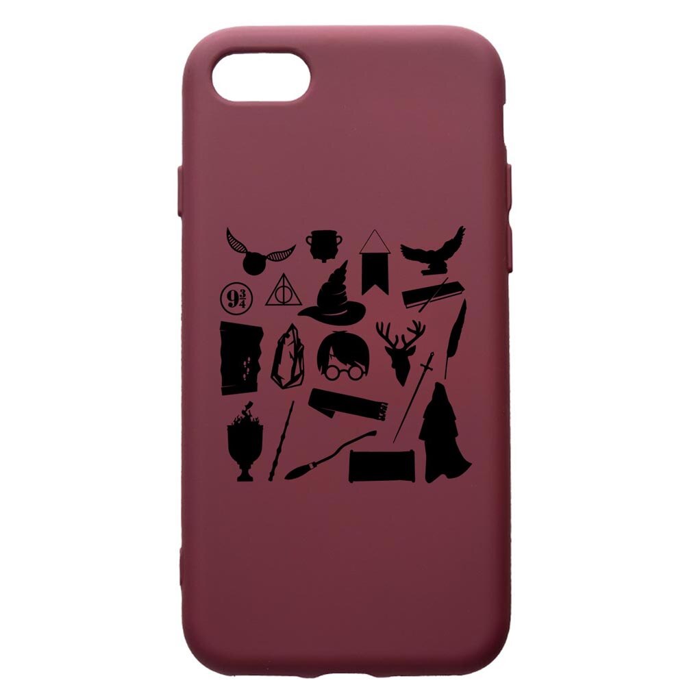 Husa Premium Silicon compatibila cu Apple iPhone SE 2 / iPhone 8 / iPhone 7, Harry Potter Symbols, cu interiorul din material textil, protectie camera, Burgundy, PBR866