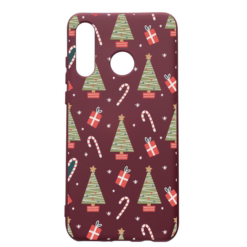 Husa Premium Silicon compatibila cu Huawei P30 Lite, Christmas Pattern, cu interiorul din material textil, protectie camera, Burgundy, PBR873