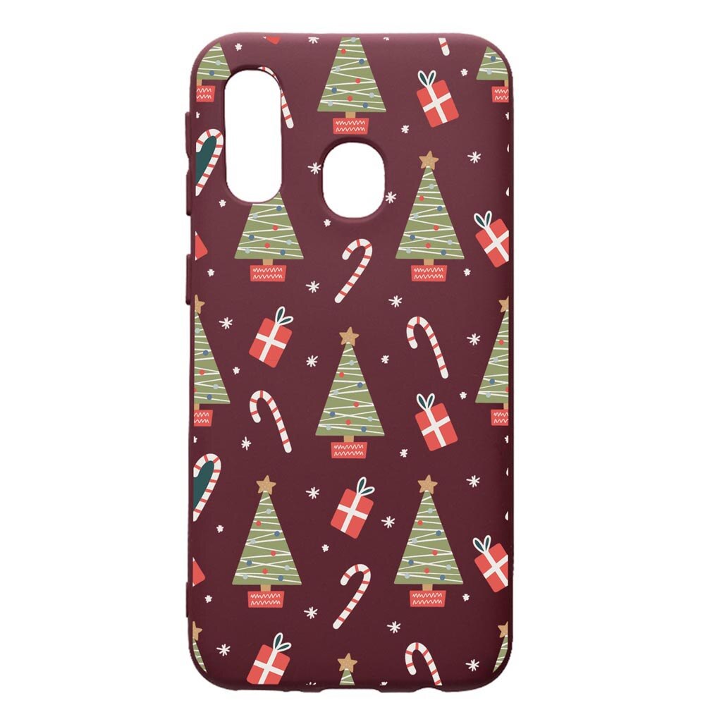 Husa Premium Silicon compatibila cu Samsung Galaxy A40, Christmas Pattern, cu interiorul din material textil, protectie camera, Burgundy, PBR873