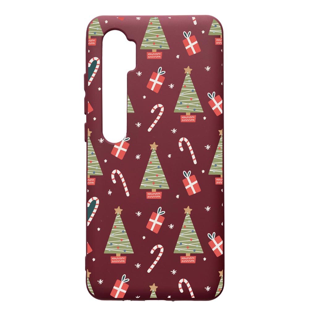 Husa Premium Silicon compatibila cu Xioami Mi Note 10, Christmas Pattern, cu interiorul din material textil, protectie camera, Burgundy, PBR873
