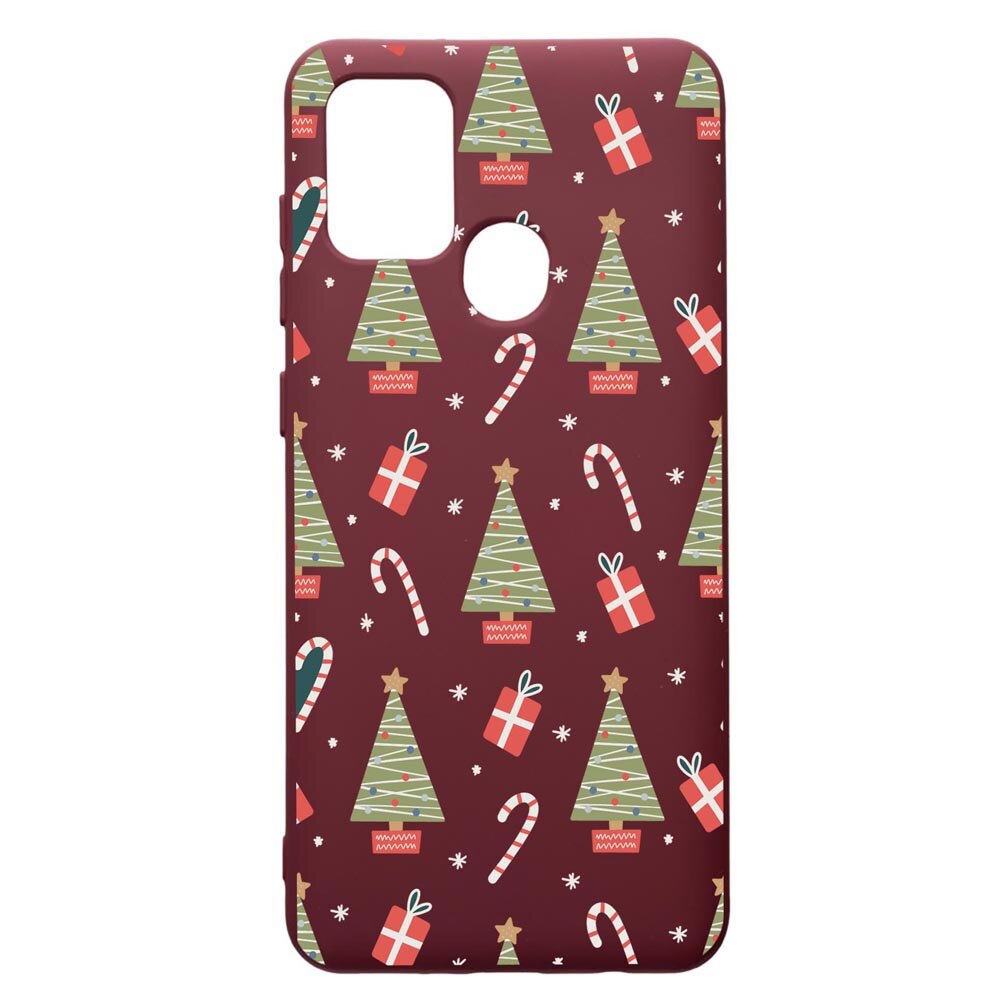 Husa Premium Silicon compatibila cu Samsung Galaxy A21S, Christmas Pattern, cu interiorul din material textil, protectie camera, Burgundy, PBR873