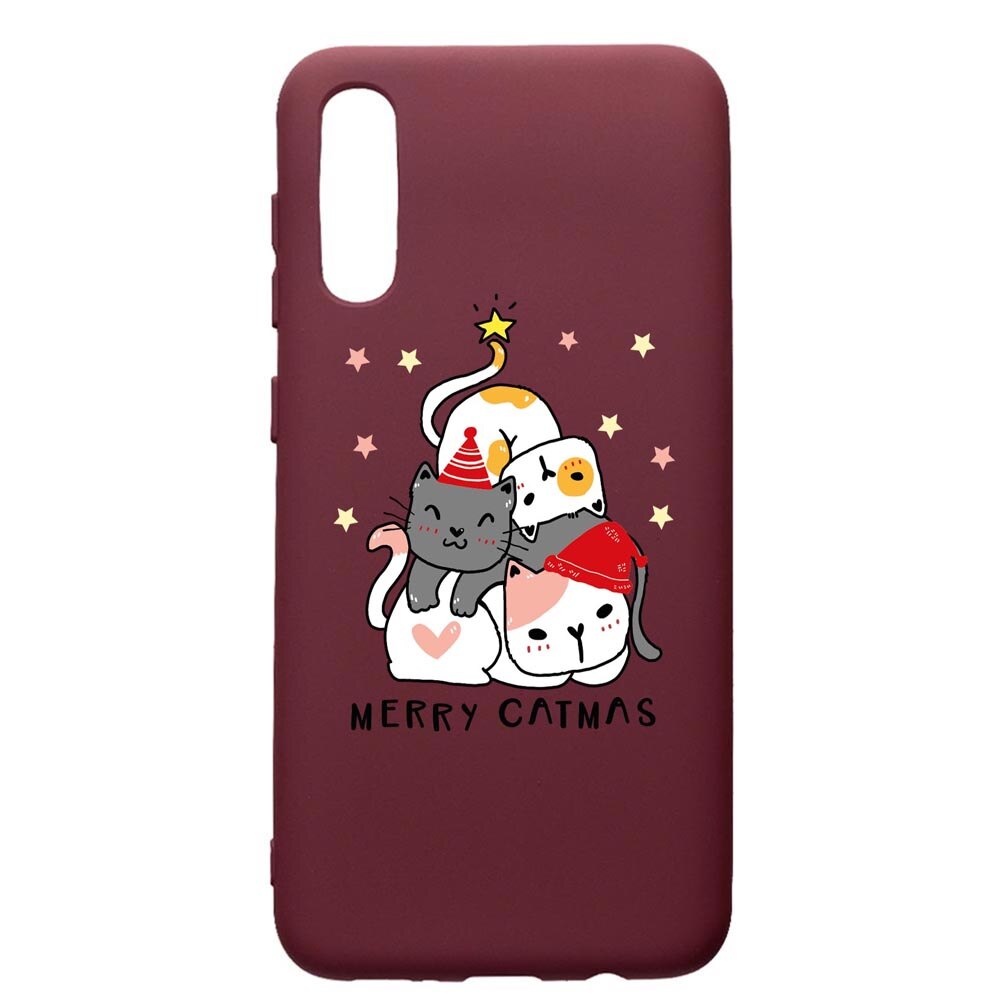 Husa Premium Silicon compatibila cu Samsung Galaxy A30S, Merry Catmas, cu interiorul din material textil, protectie camera, Burgundy, PBR878