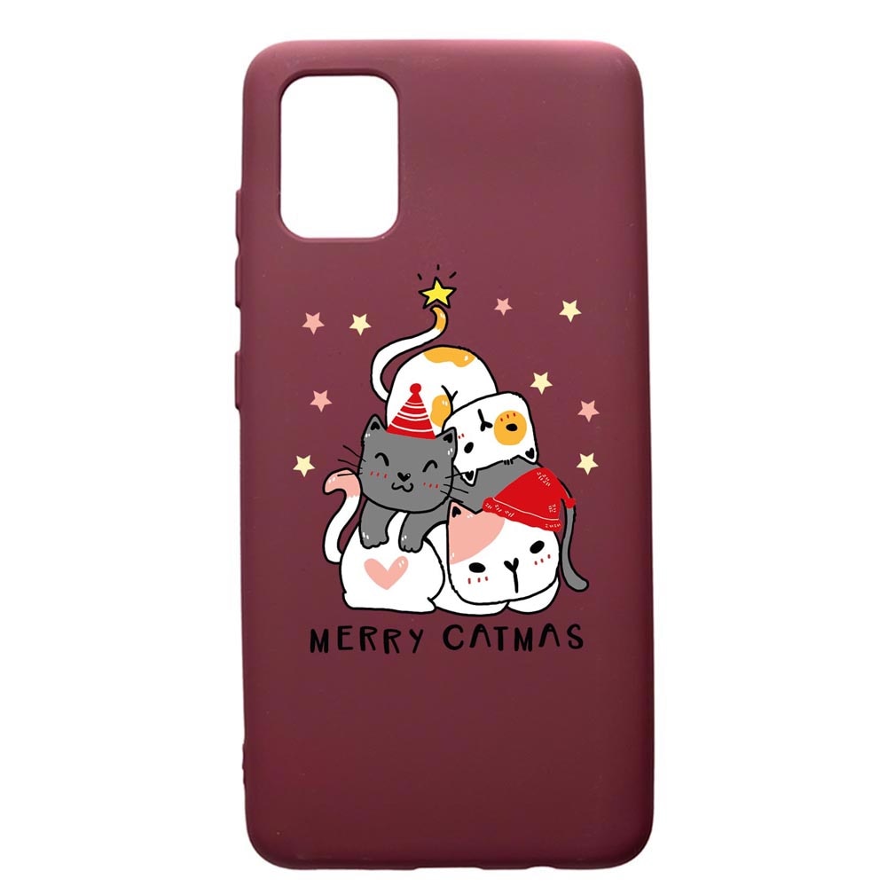 Husa Premium Silicon compatibila cu Samsung Galaxy S20 Plus, Merry Catmas, cu interiorul din material textil, protectie camera, Burgundy, PBR878