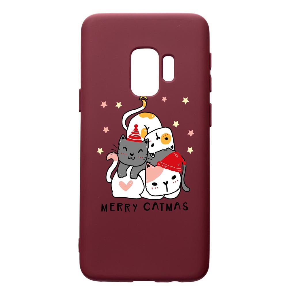 Husa Premium Silicon compatibila cu Samsung Galaxy S9, Merry Catmas, cu interiorul din material textil, protectie camera, Burgundy, PBR878