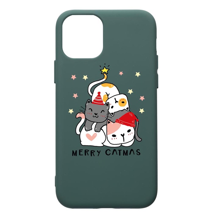 Премиум силиконов калъф, съвместим с Apple iPhone 11 Pro Max, Merry Catmas, с текстилен интериор, защита на камерата, Forest Green, PFG878
