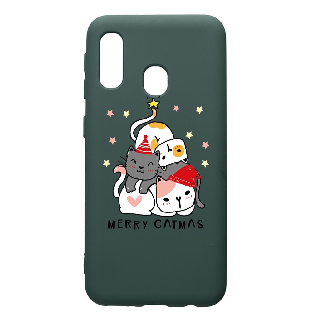 Husa Premium Silicon Compatibila Cu Samsung Galaxy A20E, Merry Catmas, cu interiorul din material textil, protectie camera, Forest Green, PFG878