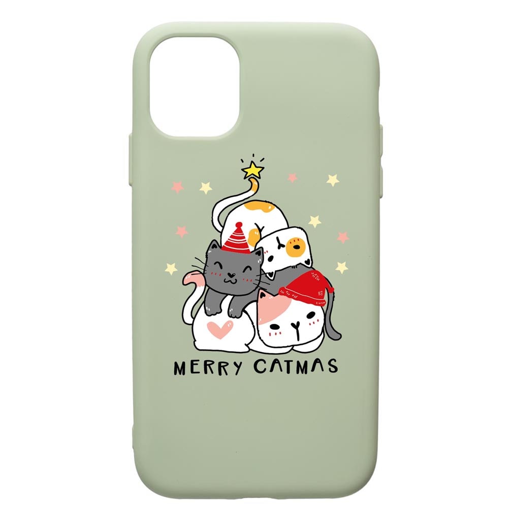 Husa Premium Silicon Compatibila Cu Apple iPhone 12, Merry Catmas, cu interiorul din material textil, protectie camera, Beryl, PGR878