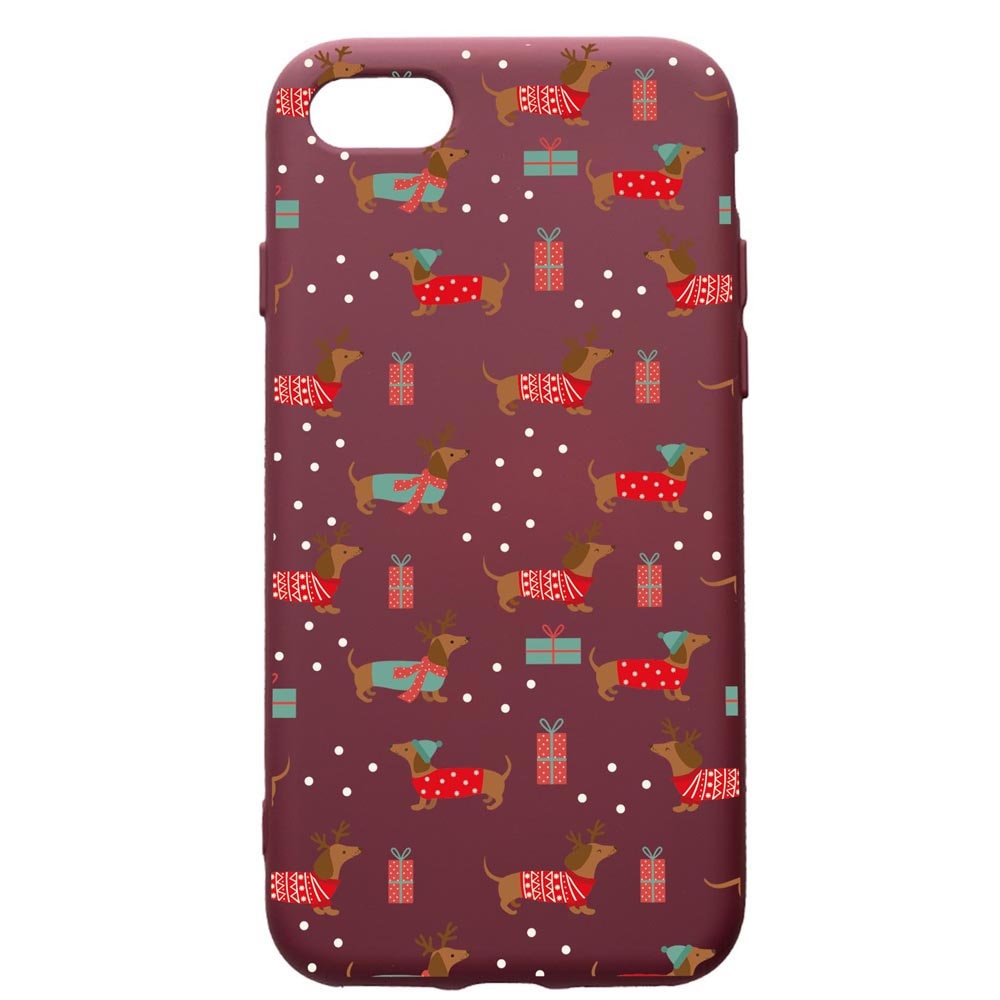 Husa Premium Silicon compatibila cu Apple iPhone SE 2 / iPhone 8 / iPhone 7, Dachsund Christmas, cu interiorul din material textil, protectie camera, Burgundy, PBR871
