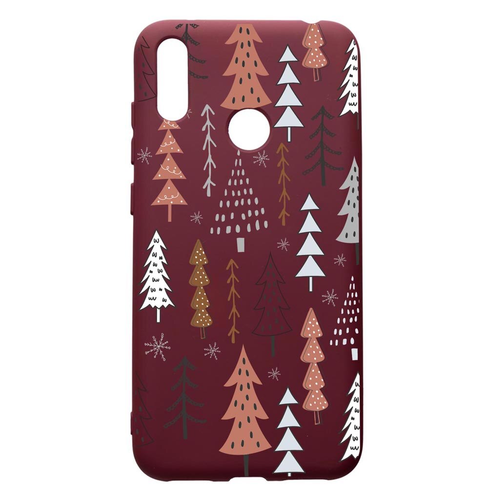 Husa Premium Silicon compatibila cu Huawei Y7 2019, Hand Drawn Christmas Tree, cu interiorul din material textil, protectie camera, Burgundy, PBR875