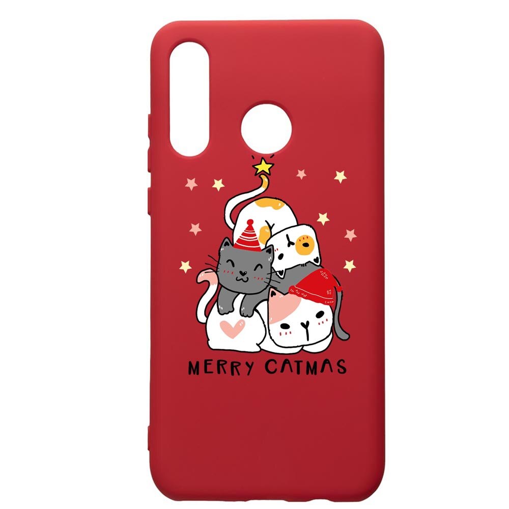 Husa Premium Silicon Compatibila Cu Huawei P30 Lite, Merry Catmas, silicon, cu interiorul din material textil, protectie camera, Red, PR878
