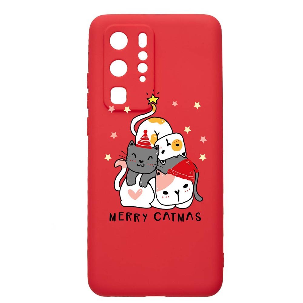 Husa Silicon Compatibila Cu Huawei P40 Pro, Merry Catmas, rezistenta la uzura, anti-alunecare, Red, R878