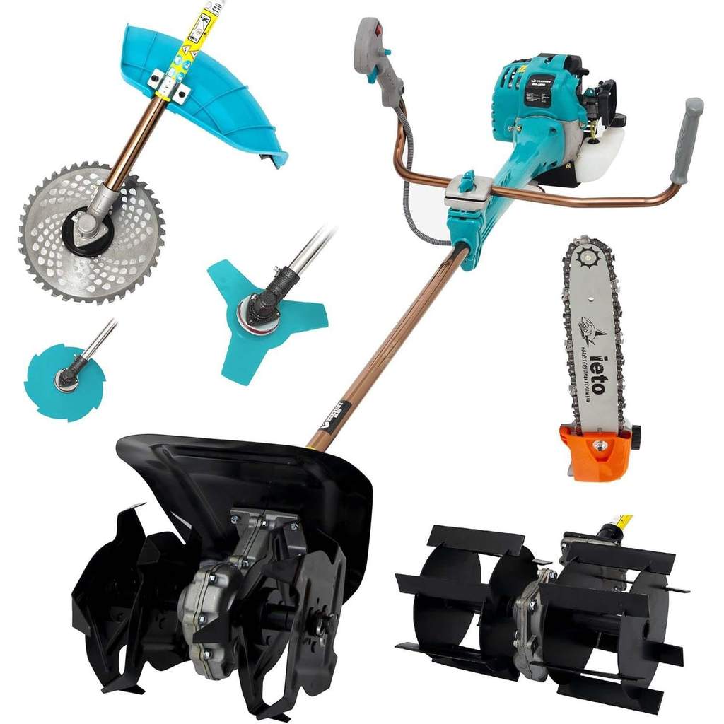 Set Motocostioare Elefant MK3800 5.5Cp, 58cmc, 12.000Rpm si 3 Siteme Taiere cu Prasitoare (28), Cultivator si Cap drujba