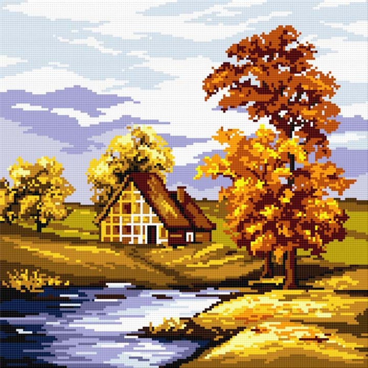 Goblen Toamna , Hudemas , kit imprimat pe panza , cu fire mouline 16x16cm