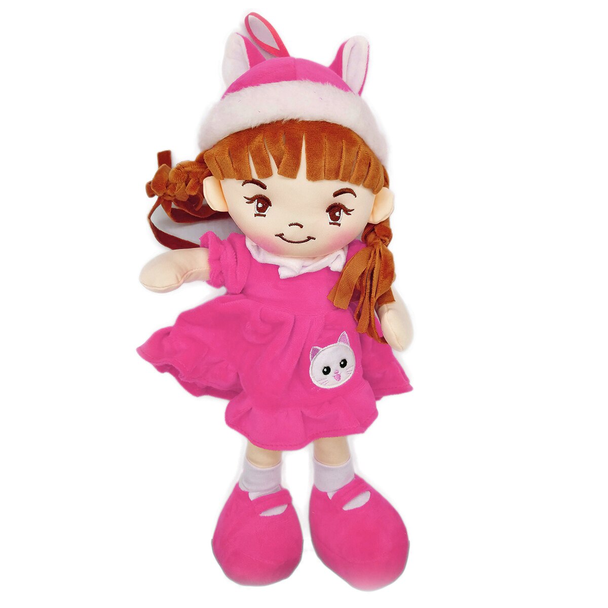 Papusa de Plus ADA, 40cm, in rochita roz cu pisicuta, care canta in limba romana 