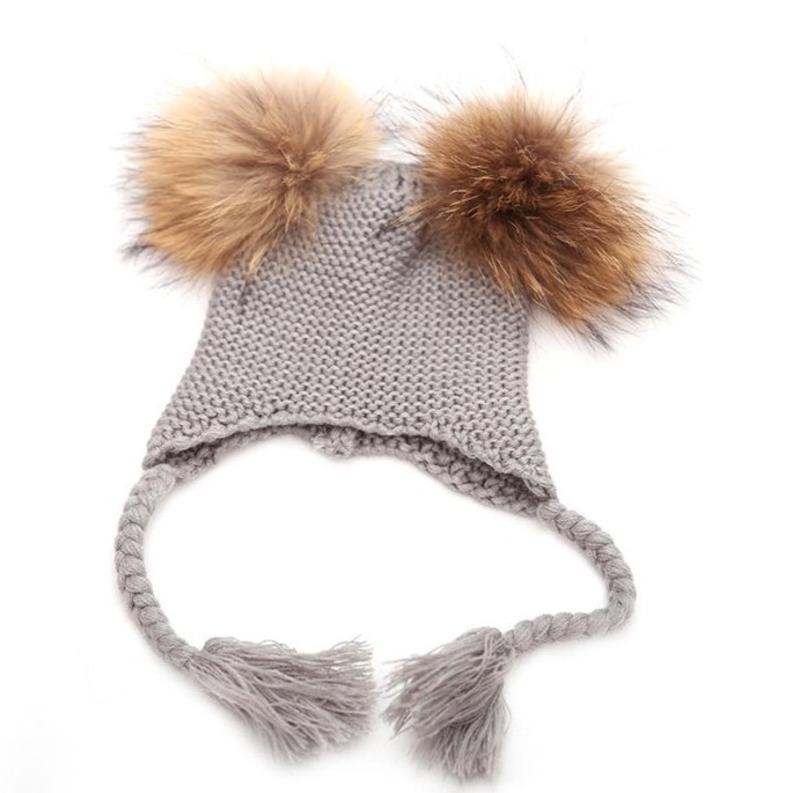 Caciulita Eva cu 2 pampoane, drool, masura unica, gri