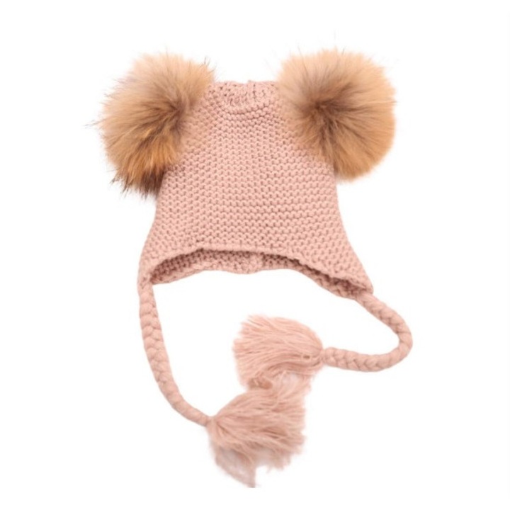 Caciulita Eva cu 2 pampoane, drool, masura unica, crem