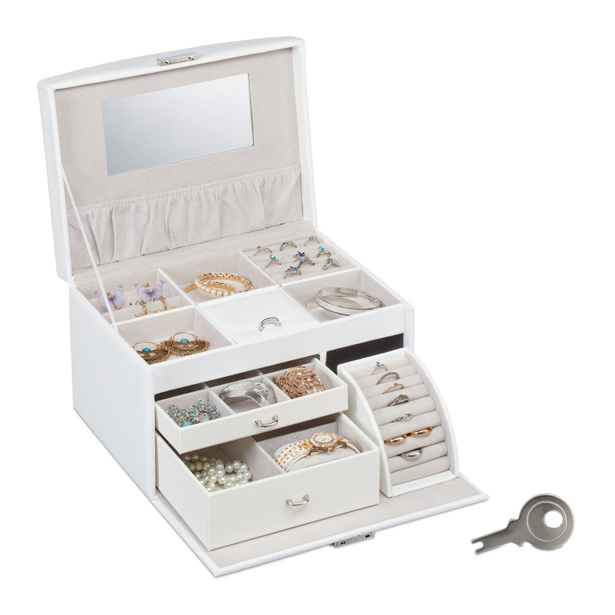 Caseta Bijuterii Tresko, piele ecologica, alb nobil si catifea, incuietoare cu cheie