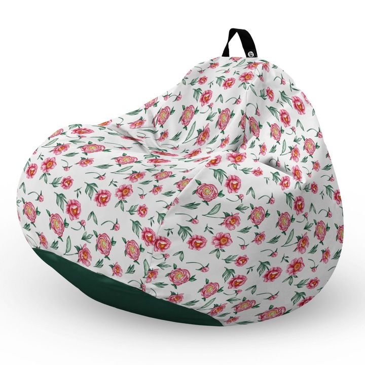 Fotel Updeco Pouf Babzsákfotel, Körte L típus, vízálló, szobai/szabadtéri, belső táska, fogantyúval, 90 x 80 x 60 см, fehér, piros virágokkal