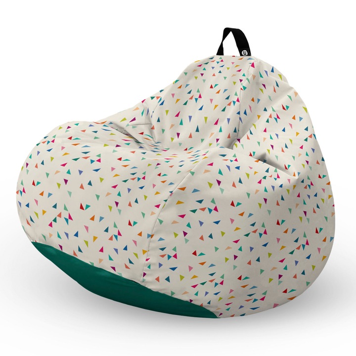 Fotel Updeco Pouf Babzsákfotel, Körte L típus, vízálló, szobai/szabadtéri, belső táska, fogantyúval, 90 x 80 x 60 см, Fotel bézs, tarka háromszögekkel