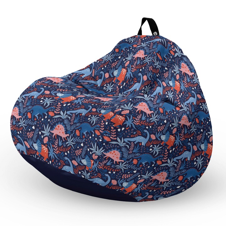 Пуф Updeco Bean Bag, Тип круша L, Водоустойчив калъф, За закрито и открито, с вътрешна предпазна чанта, С дръжка, 80 x 80 x 55 см, Нощни динозаври