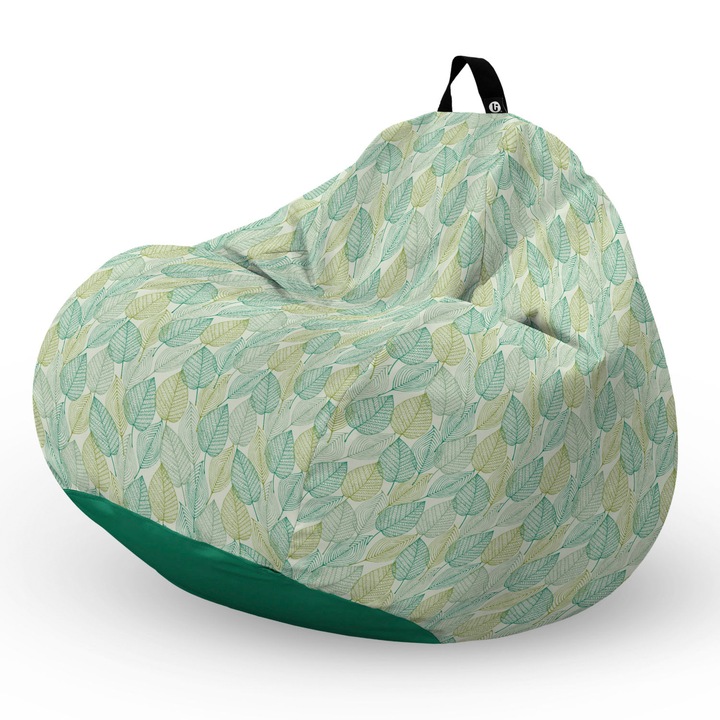 Fotel Updeco Pouf Babzsákfotel, Körte L típus, vízálló, szobai/szabadtéri, belső táska, fogantyúval, 90 x 80 x 60 см, zöld és sárga levelek