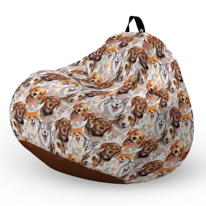 Fotel Updeco Pouf Babzsákfotel, Körte L típus, vízálló, szobai/szabadtéri, belső táska, fogantyúval, 90 x 80 x 60 см, klasszikus barna-fehér kutyák