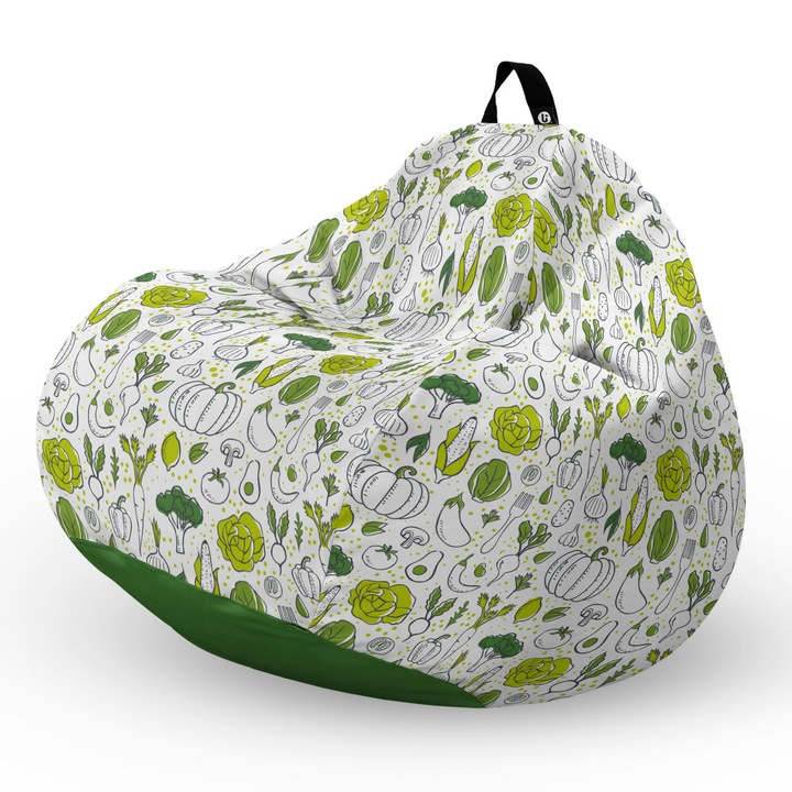 Fotel Updeco Pouf Babzsákfotel, Körte L típus, vízálló, szobai/szabadtéri, belső táska, fogantyúval, 90 x 80 x 60 см, Fotel fehér zöld zöldségekkel