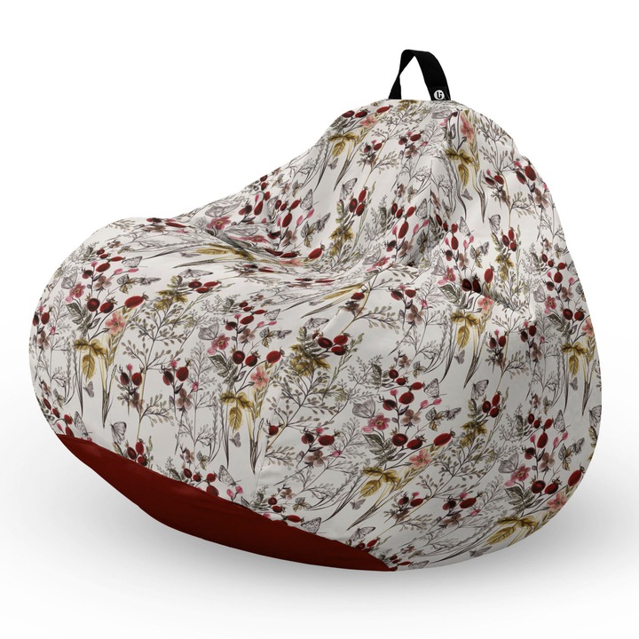 Fotel Updeco Pouf Babzsákfotel, Körte L típus, vízálló, szobai/szabadtéri, belső táska, fogantyúval, 90 x 80 x 60 см, virágok és pillangók