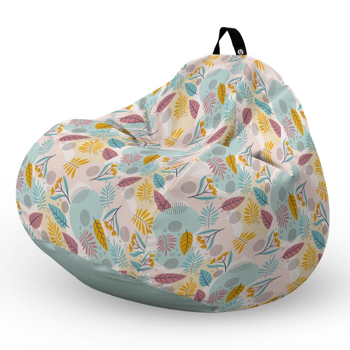 Fotel Updeco Pouf Babzsákfotel, Körte L típus, vízálló, szobai/szabadtéri, belső táska, fogantyúval, 90 x 80 x 60 см, sokszínű levelekkel